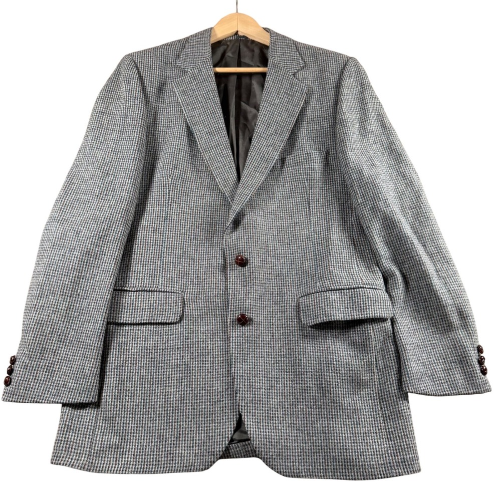 Stafford Mens 42L Wool Blazer Grey Blue Houndstooth Two Button Sport Coat office